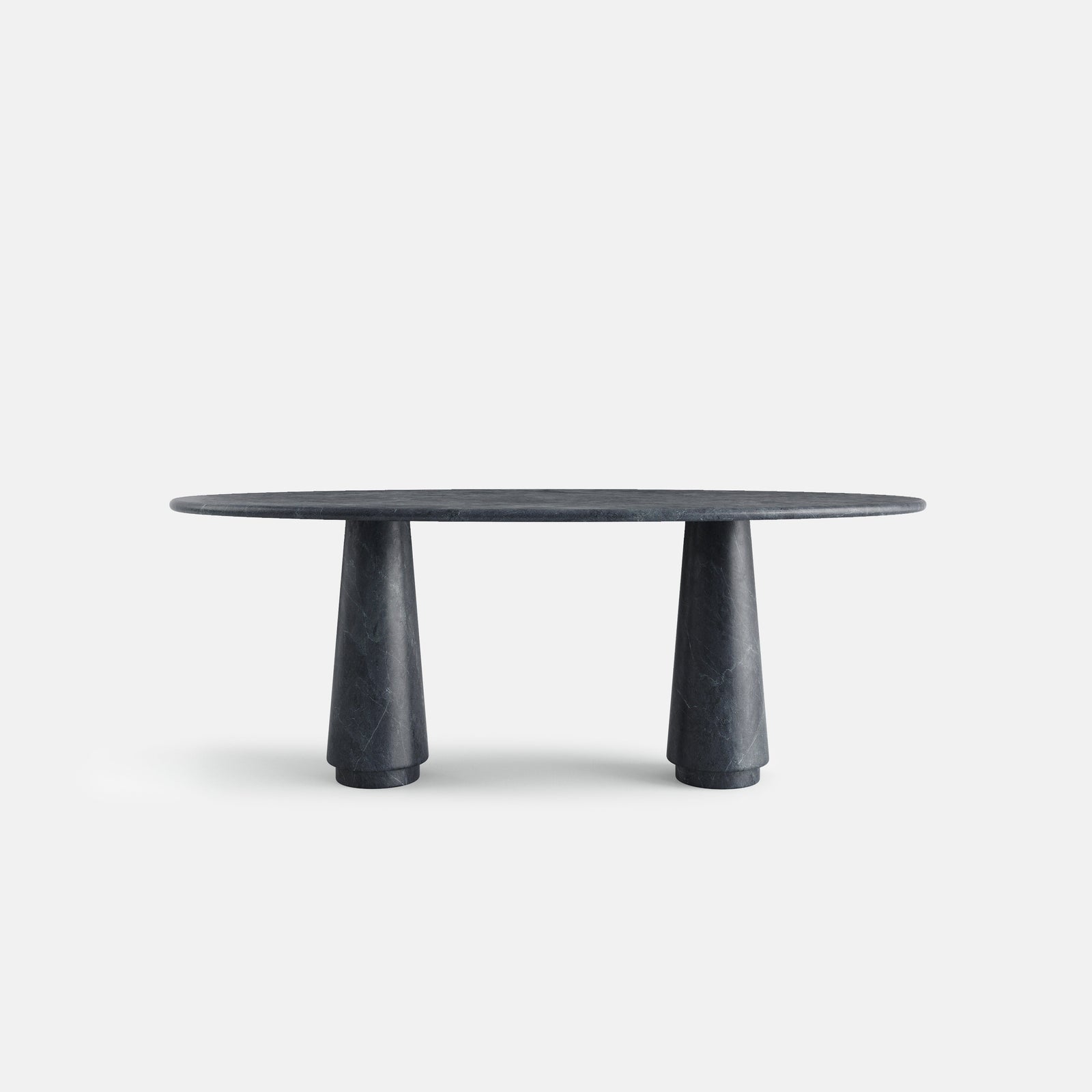 Table à manger elliptique Ellipse sur deux pieds coniques, vue de face, configuration en pierre Ruivina.