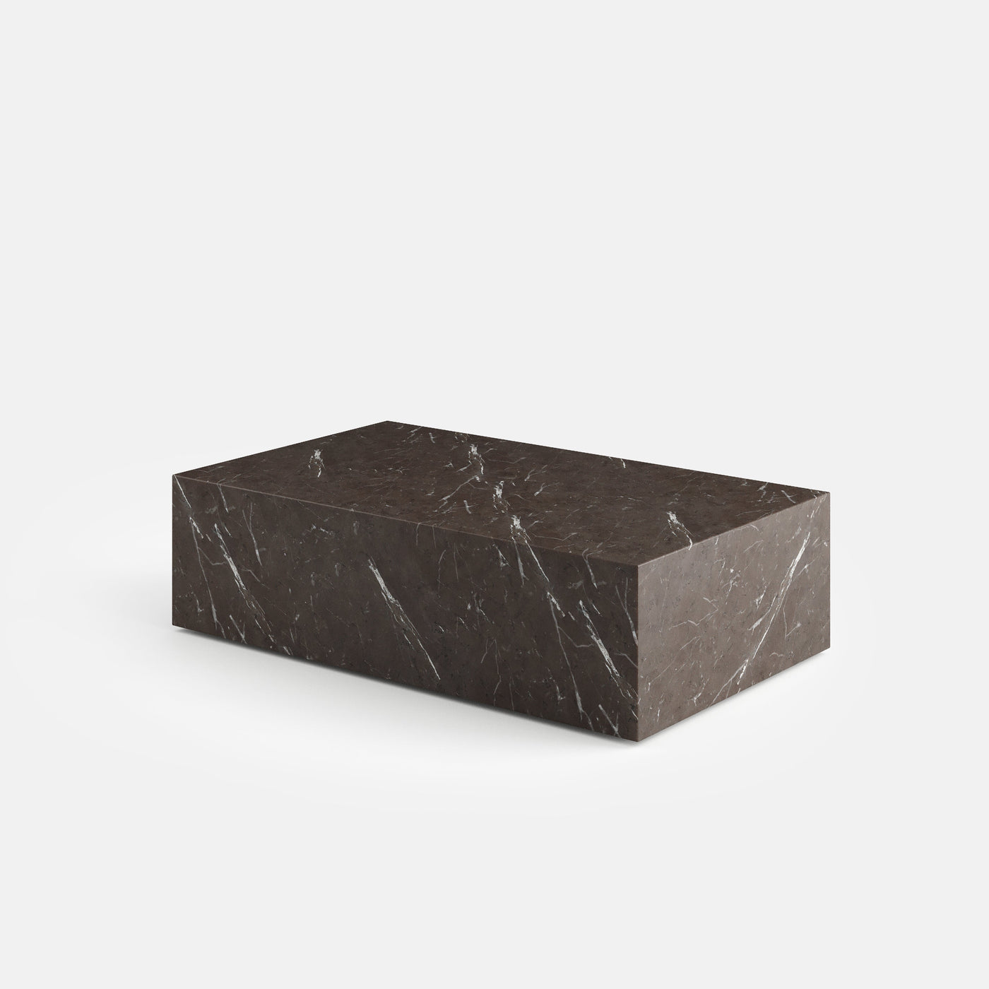 Table basse rectangulaire Monolithe, vue en trois quarts, configuration photographiée en pierre Anatolian Grey.