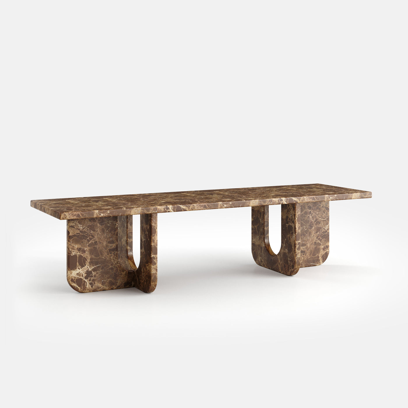 Table basse rectangulaire Rayon, vue en trois quarts, configuration photographiée en Dark Emperador.